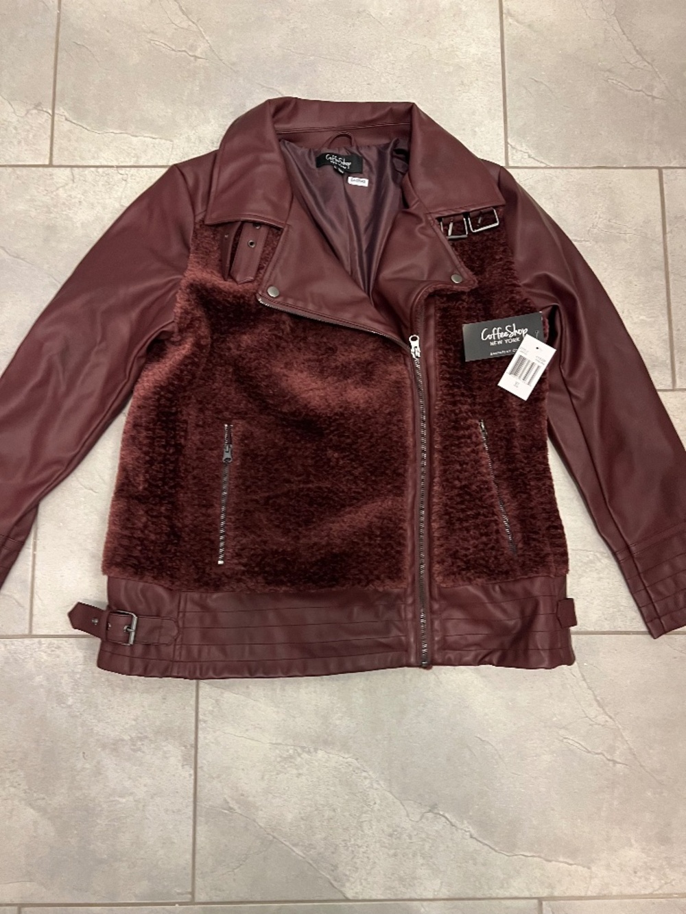 CoffeeShop Women's Burgundy Faux Leather & Sherpa Moto Jacket